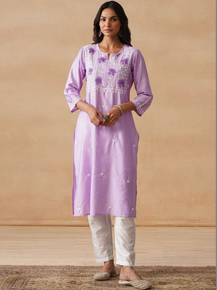House of Chikankari Women Solid Lavender Cotton Kurta