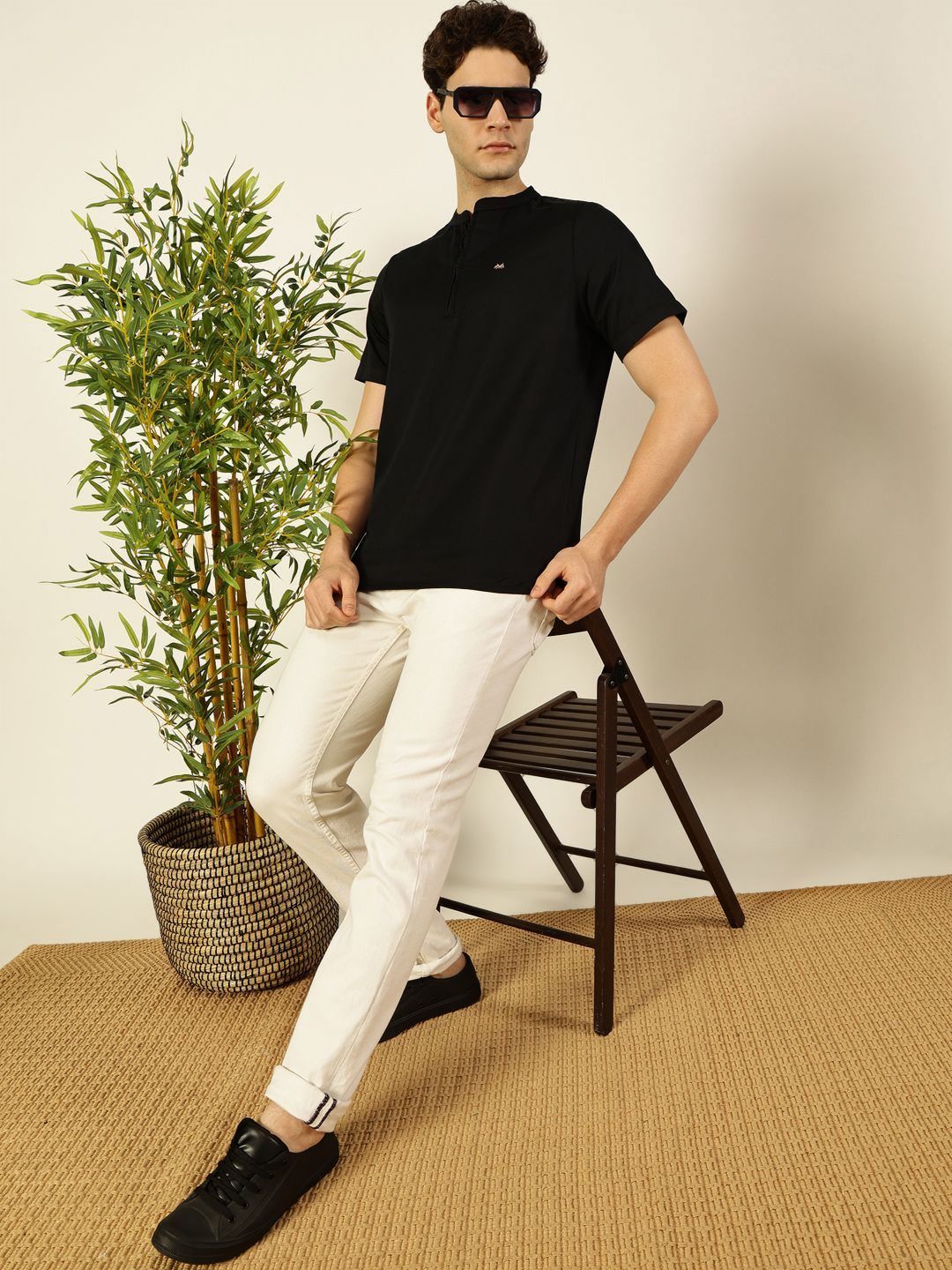 Thomas Scott Men Solid Mandarin Collar Cotton T-Shirt