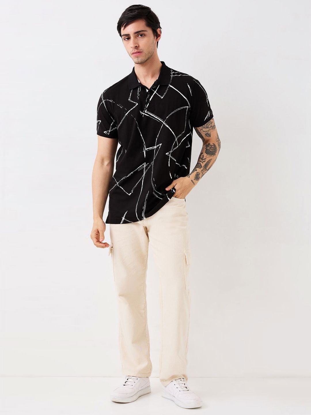 SPYKAR Men Abstract Printed Polo Collar Cotton Slim Fit T-shirt