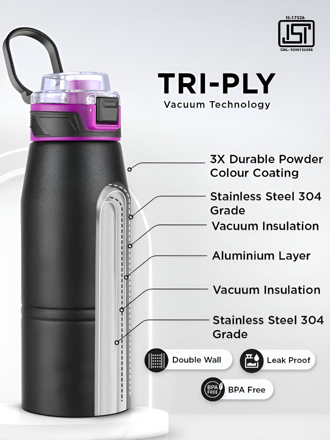Pexpo Black & Purple Printed Stainless Steel Double Wall Vacuum Water Bottle-740 ml