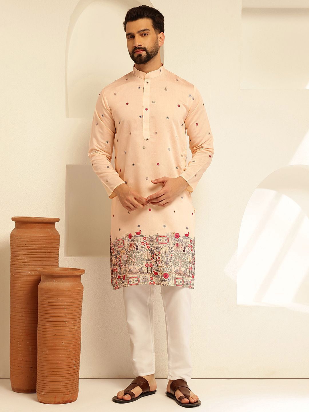 SOJANYA Floral Embroidered Mandarin Collar Thread Work Cotton Silk Straight Kurta