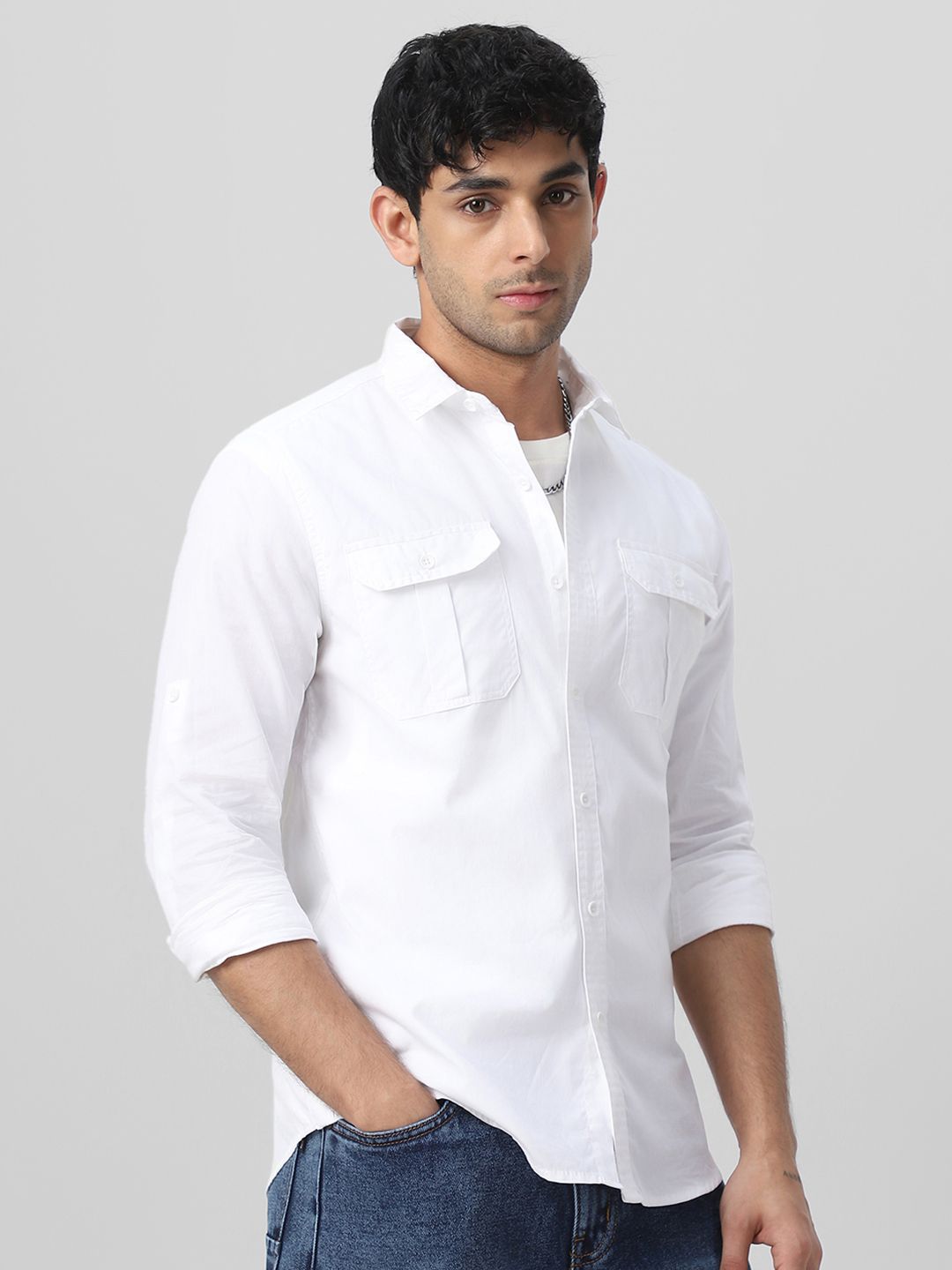 Urbano Fashion Men Spread Collar Solid Cotton Casual Shirt