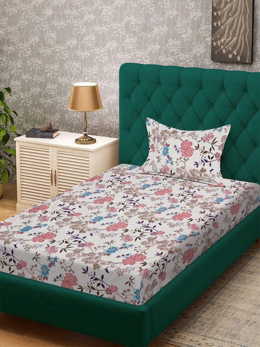 KLOTTHE Pink Floral Printed Flat 300 TC Single Cadar Halus Dengan Sarung Bantal