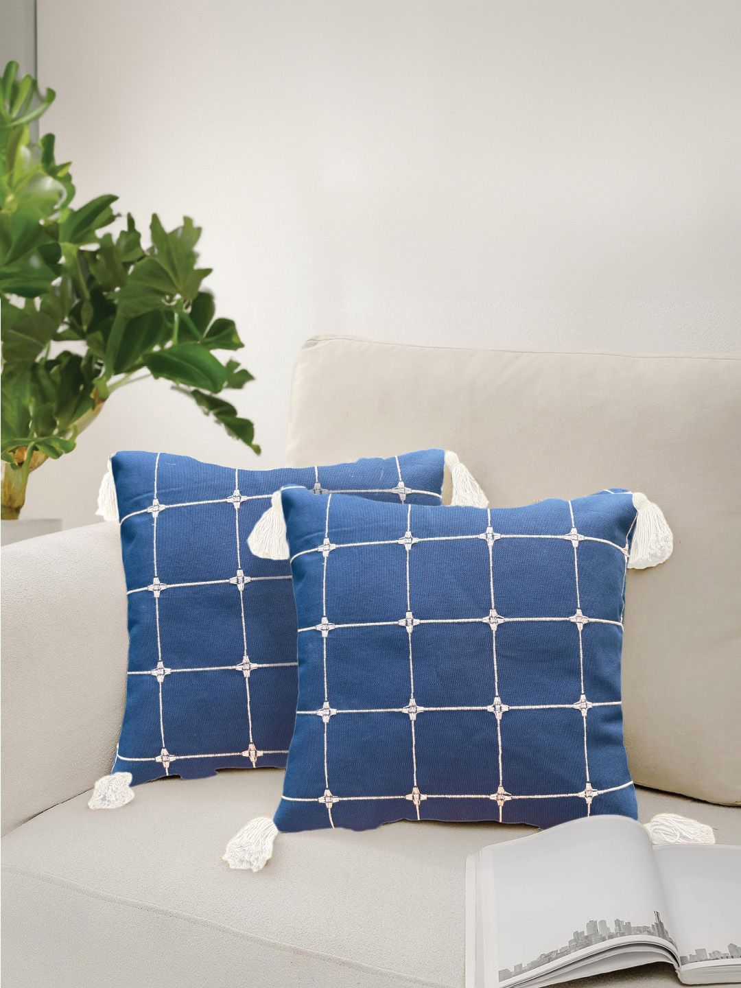 URBAN SPACE Blue & White 2 Pieces Embroidered Square Cushion Covers