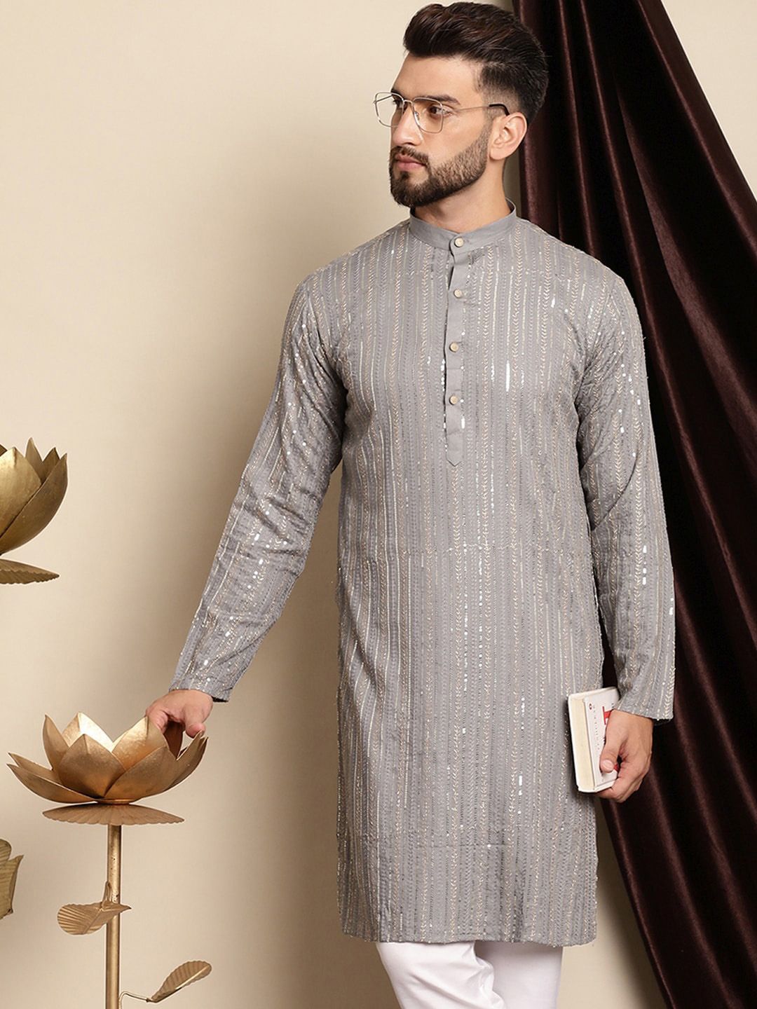 Anouk Floral Embroidered Sequined Pure Cotton Straight Kurta