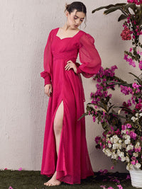 Berrylush Women Solid Sweetheart Neck Bishop Sleeve Fit & Flared Maxi Dress