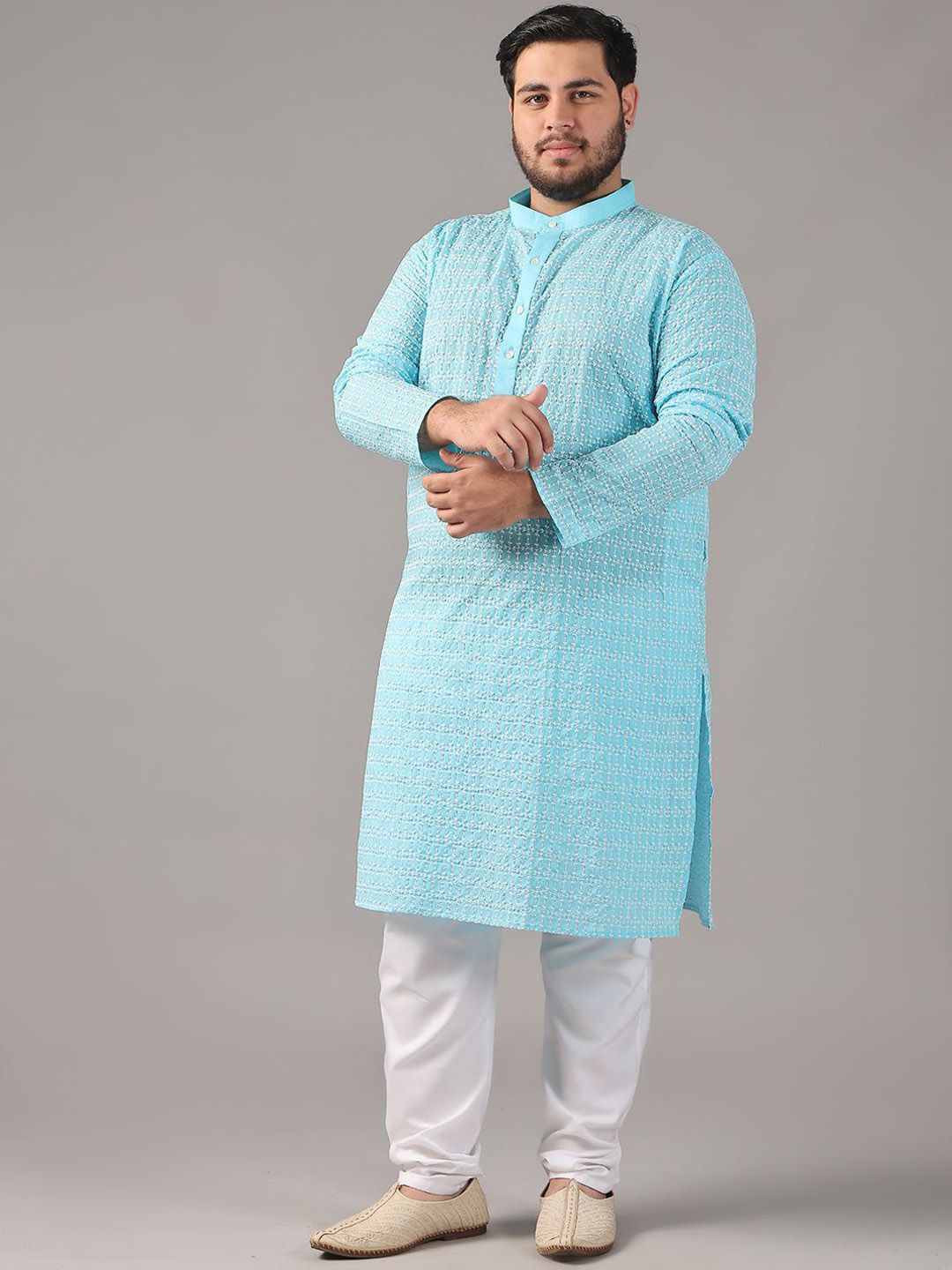 SOJANYA PLUS Plus Size Lelaki Motif Etnik Sulam Kurta Kapas Tulen Bersama Piyama