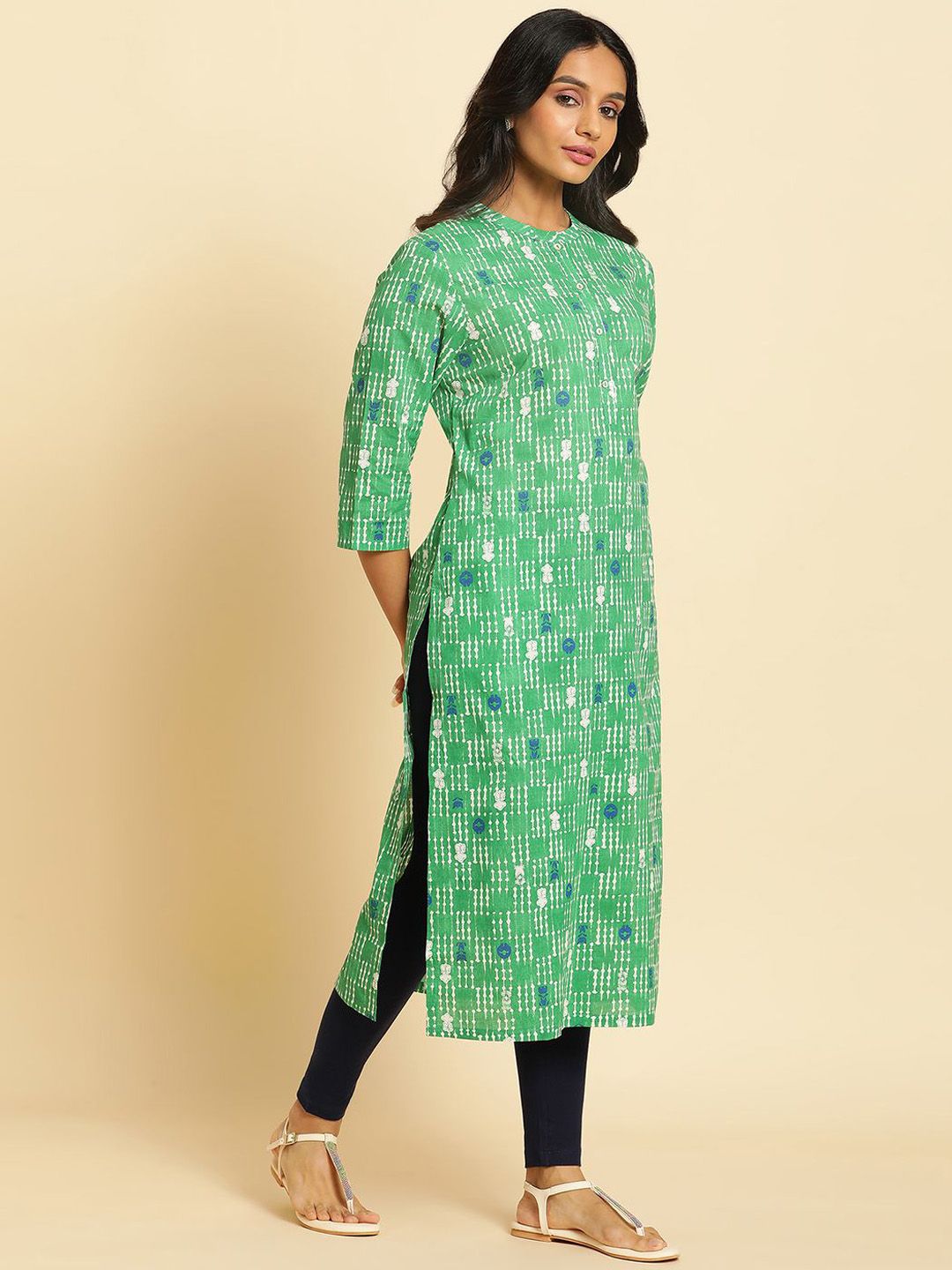 W Striped Mandarin Collar Thread Work Cotton Straight Kurta