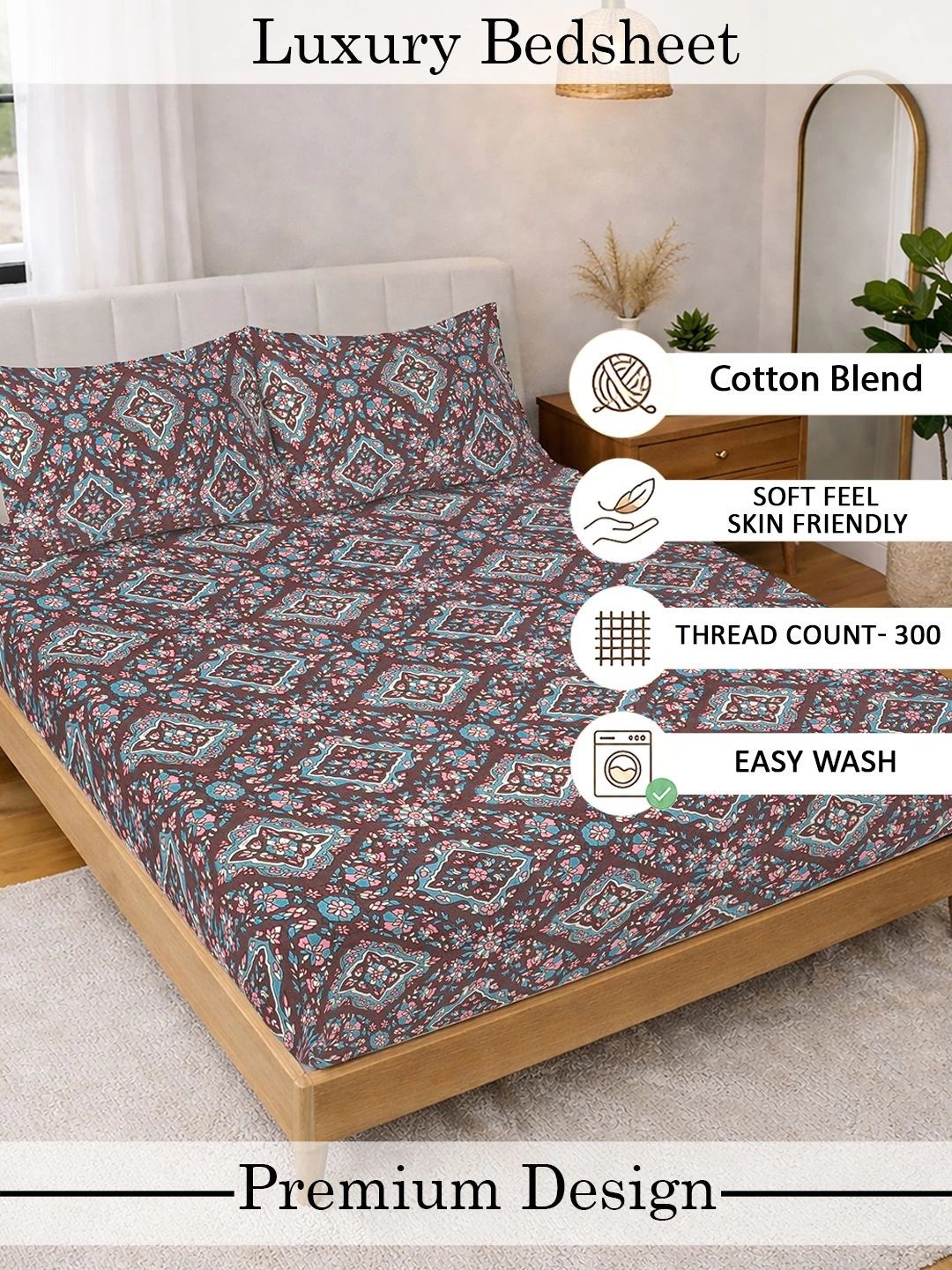KLOTTHE Brown Floral  300 TC Super King Fine Bedsheets
