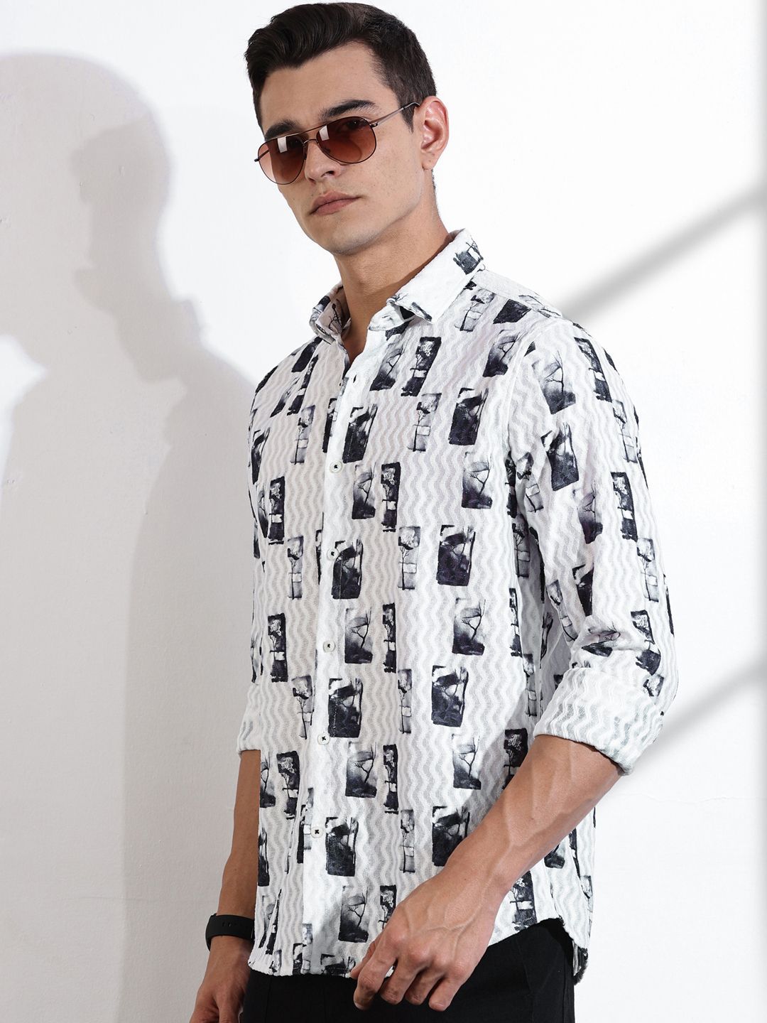 Thomas Scott Men Classic Slim Fit Spread Collar Abstract Printed Casual Shirt