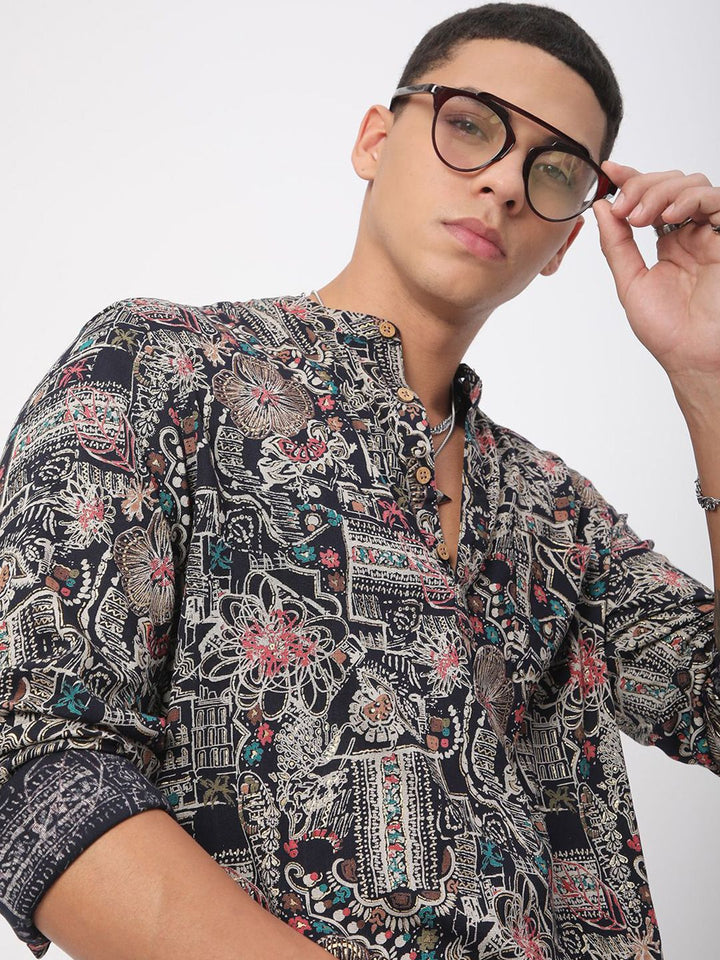 Vastrado Quirky Foil Printed Band Collar Cotton Straight Short Kurta