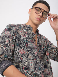 Vastrado Quirky Foil Printed Band Collar Cotton Straight Short Kurta