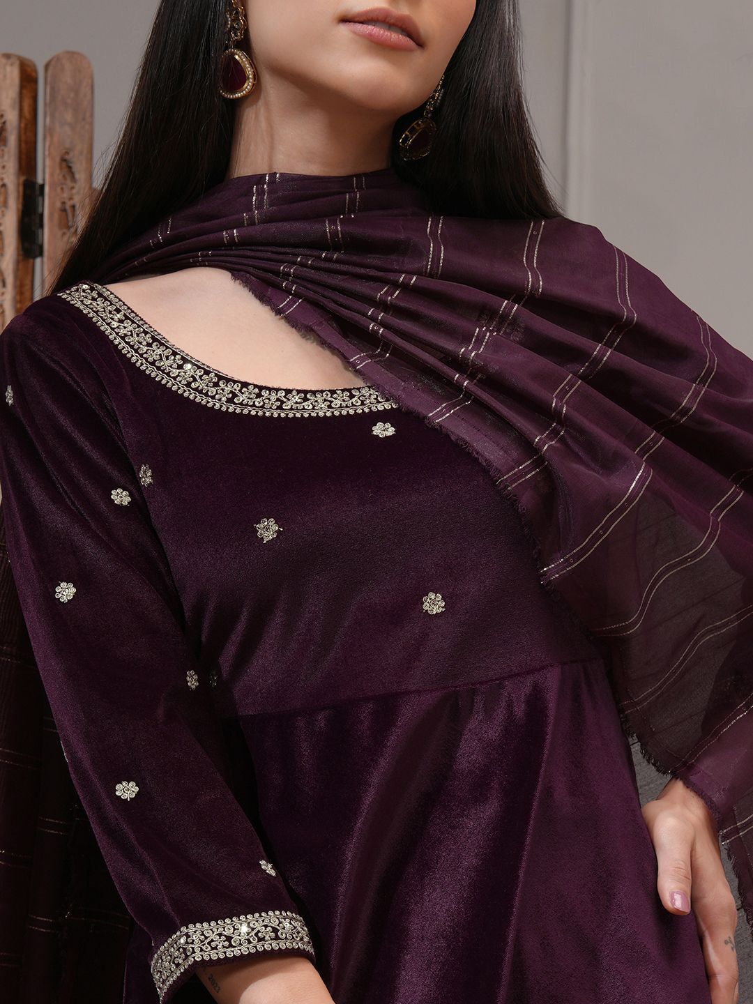 Vishudh Women Embroidered Velvet Umbrella Kurta With Slim Pants & Dupatta