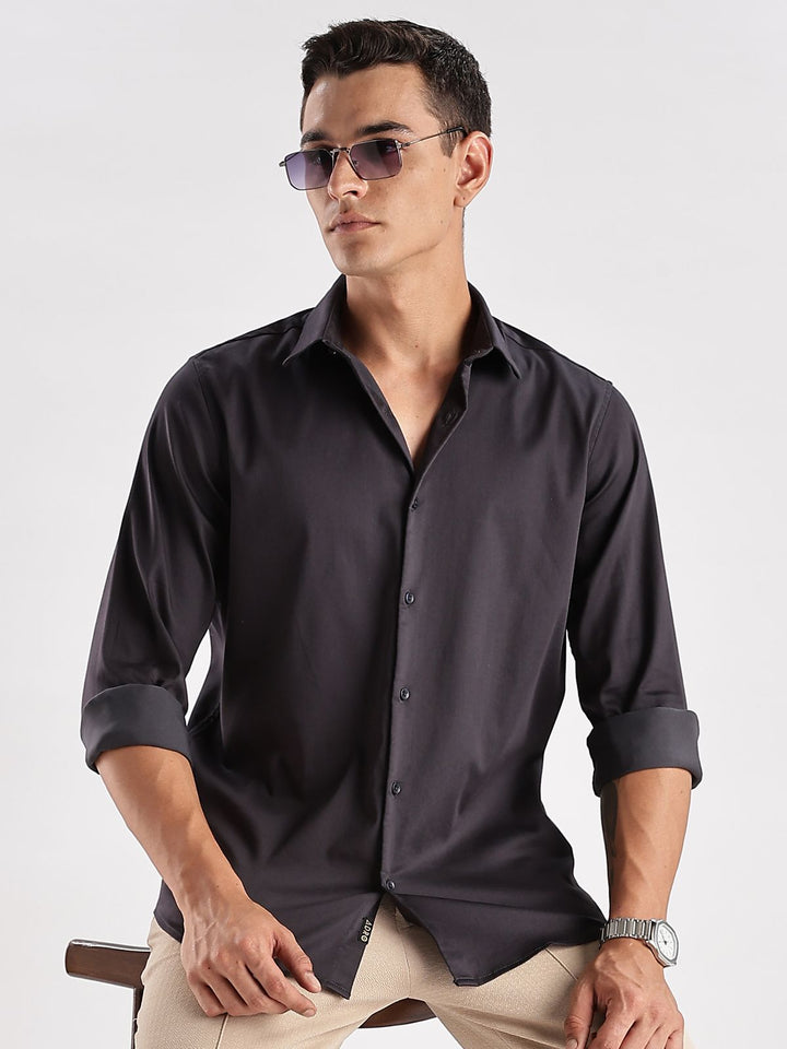 Baju Kasual Satin Pejal ADRO Lelaki Slim Fit