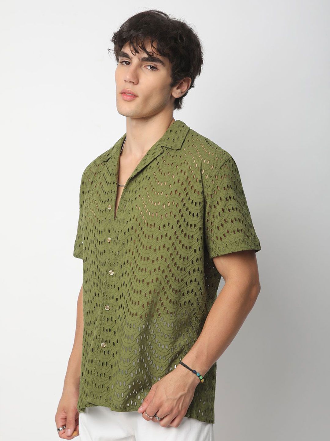 VASTRADO Men Classic Cuban Collar Textured Cotton Oversized Casual Shirt