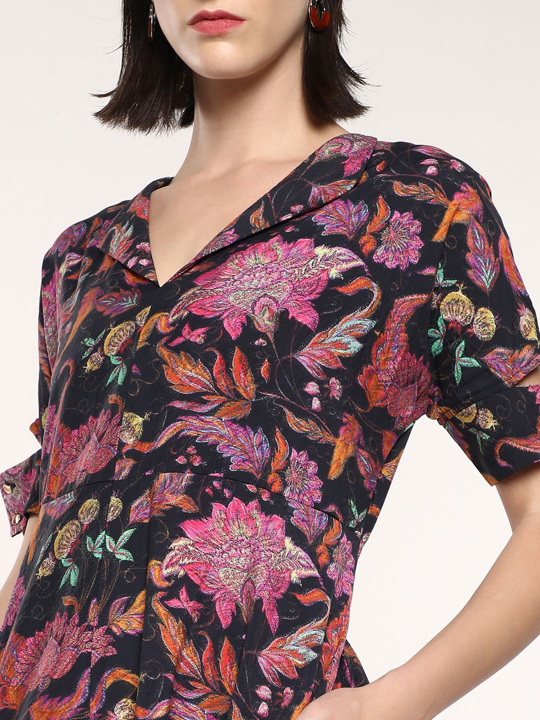 RAREISM Floral Printed Short Sleeves A-Line Midi Dress