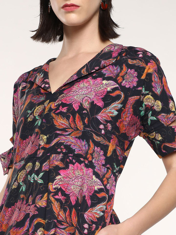 RAREISM Floral Printed Short Sleeves A-Line Midi Dress