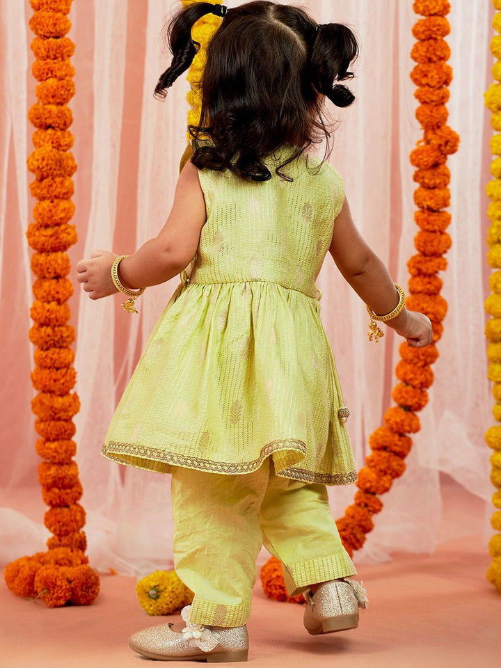 VASTRAMAY Girls Ethnic Motifs Woven Design Beaded Jacquard Anarkali Kurta With Trousers