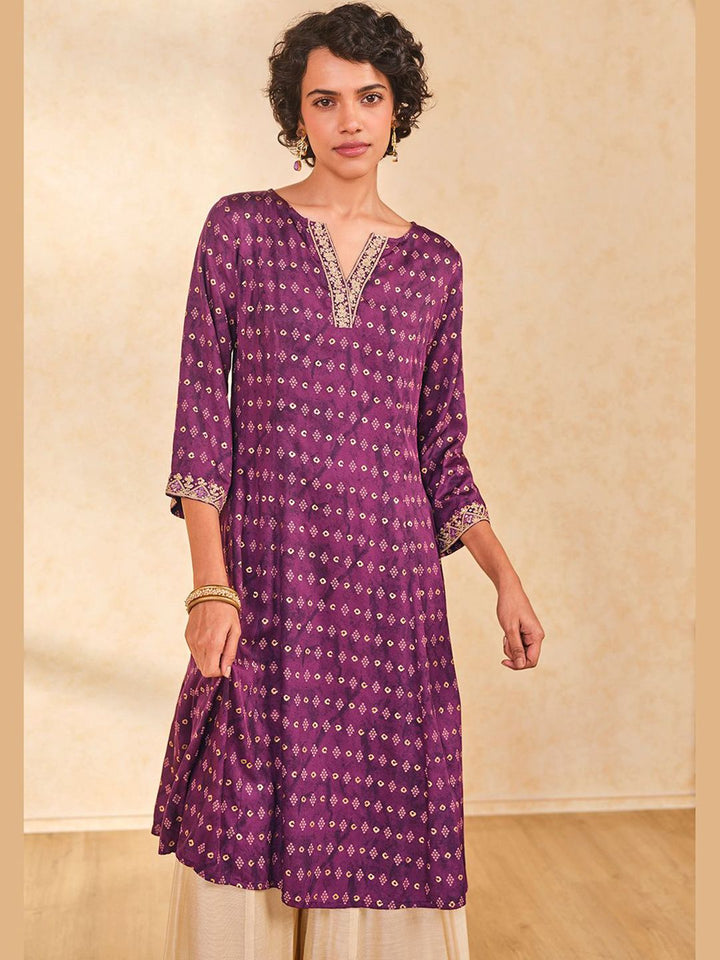 Global Desi Bandhani Woven Design Notched Neck A-Line Kurta