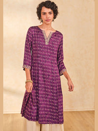 Global Desi Bandhani Woven Design Notched Neck A-Line Kurta