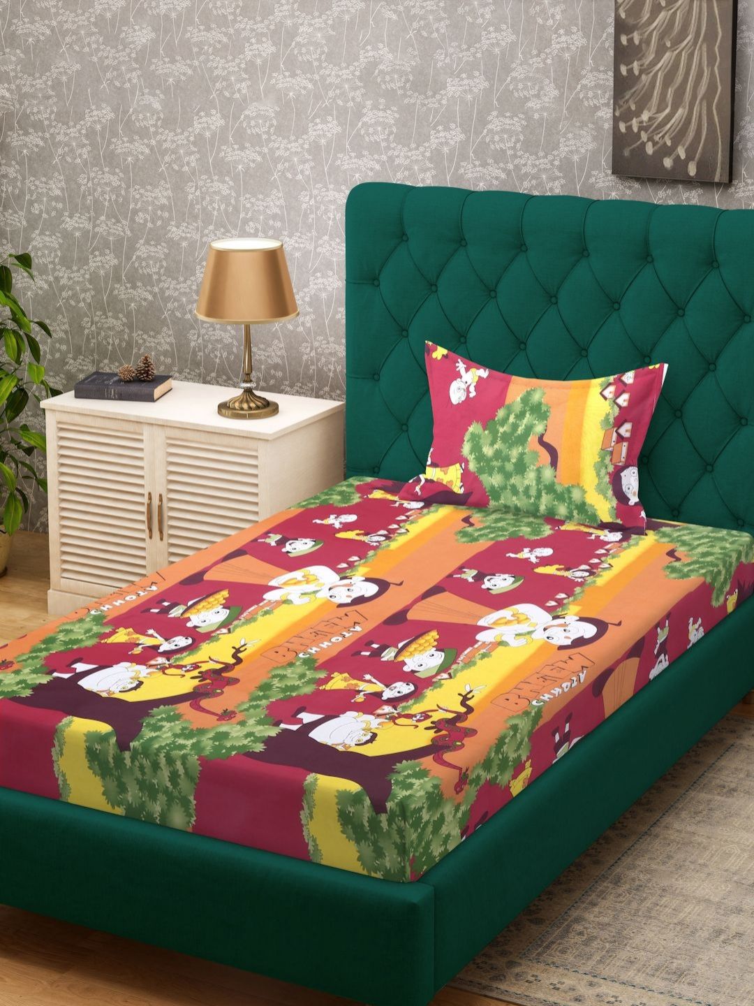 KLOTTHE Red Animal Pure Cotton 400 TC Single Superfine Bedsheet with a Pillow Cover-89 x 59 inches