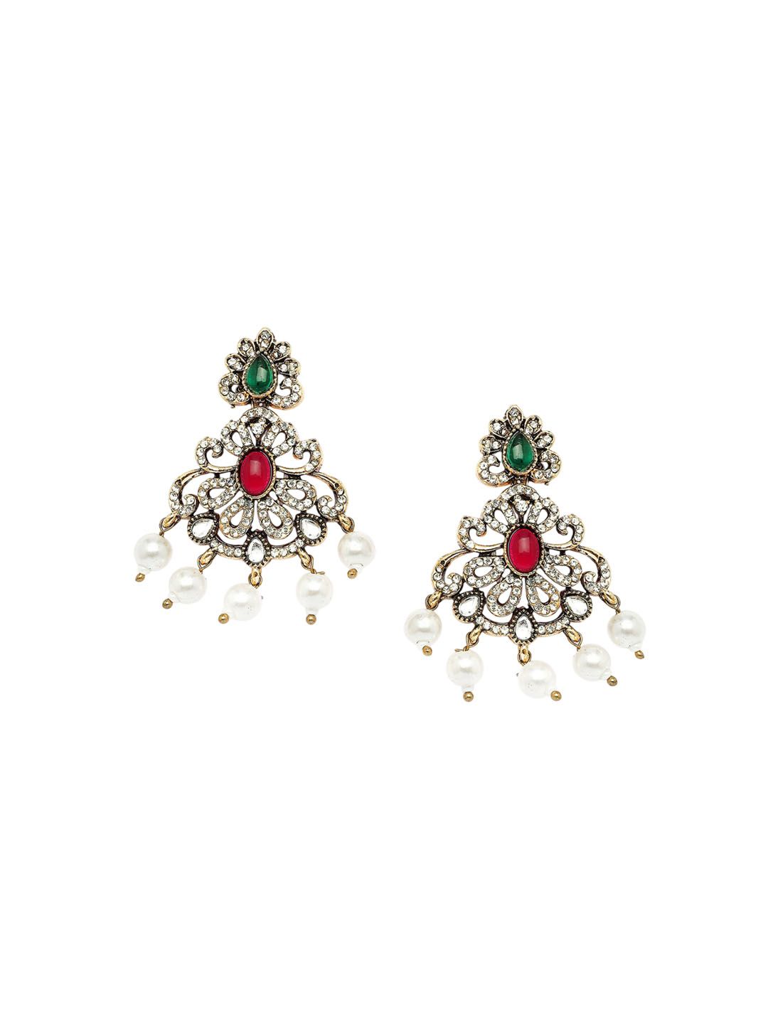 KARATCART Gold-Plated Artificial Stones-Studded & Beaded Temple Jewellery Set