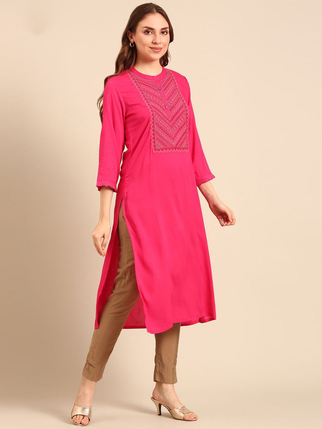 Anouk Fuchsia Floral Embroidered Pure Cotton Straight Kurta