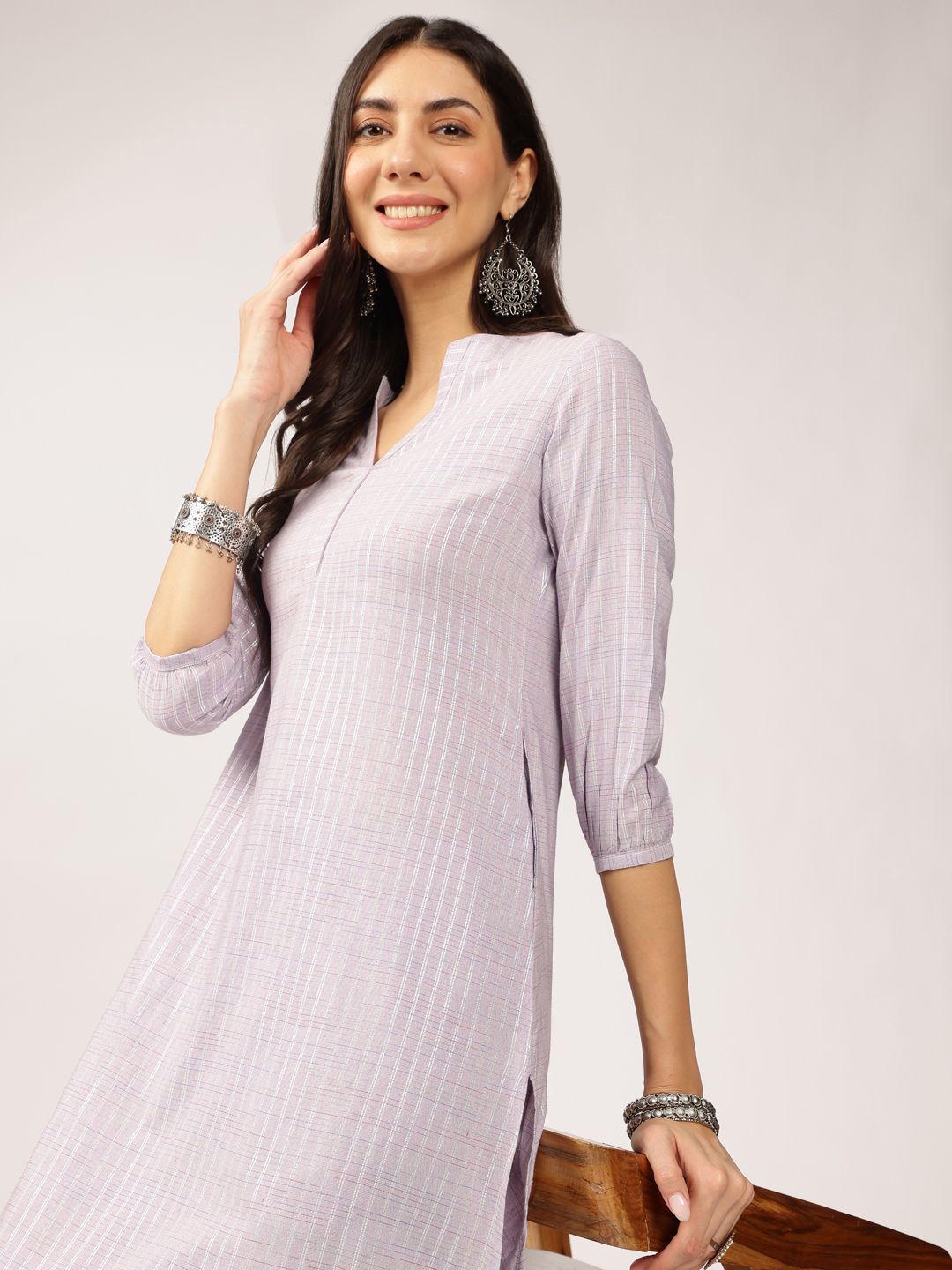 Anouk Lavender Striped Straight Kurta with Trousers