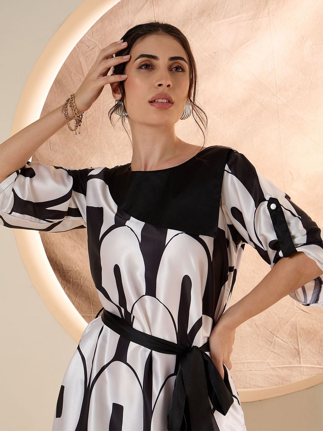 Antheaa Print Layered Satin Fit & Flare Dress