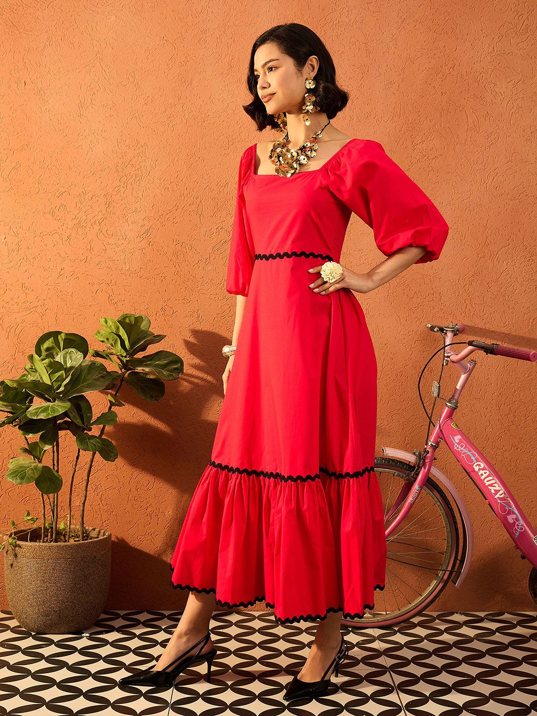 Pink Paprika by SASSAFRAS Women Bishop Sleeves Fit & Flare Maxi Dress