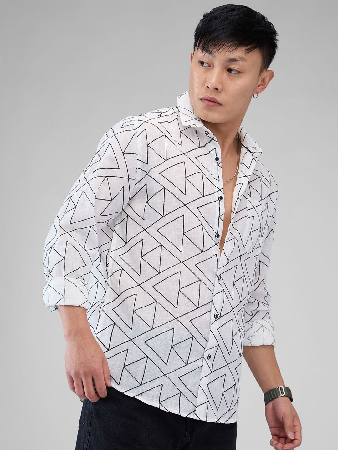 VASTRADO Men Classic Spread Collar Geometric Printed Cotton Slim Fit Casual Shirt