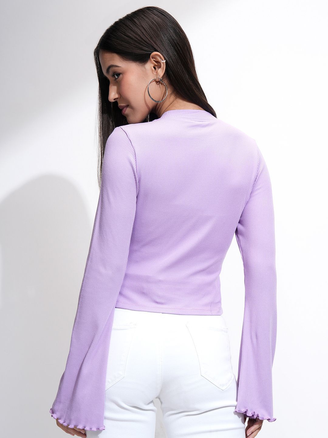 Tokyo Talkies Women Ribbed Mock Neck Bell Sleeve Fitted Top