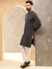 Anouk Grey Floral Embroidered Mandarin Collar Sequinned Pure Cotton Kurta With Pyjama