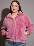 SASSAFRAS Curve Women Mock Collar Self Design Faux Fur Plus Size Casual Tailored Jacket