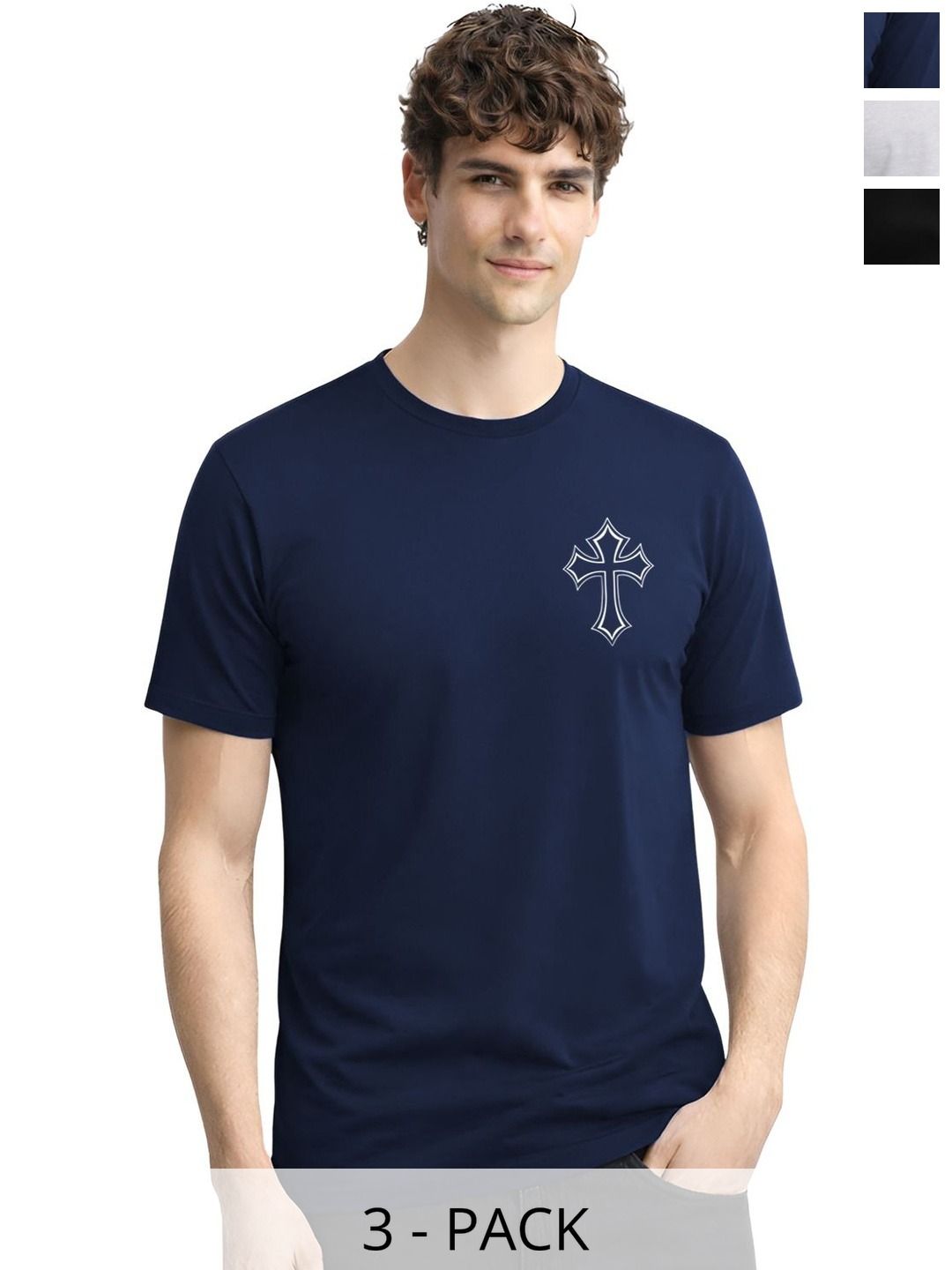 ADRO Men Pack of 3 Printed Round Neck Short Sleeves Cotton T-shirt