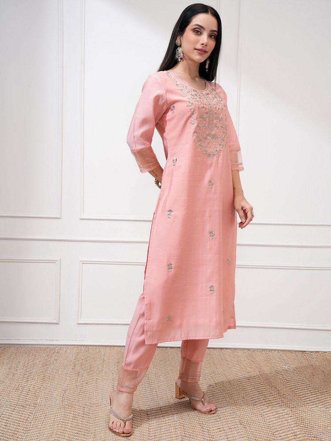Vishudh Women Embroidered Roman Kurta With Bottom & Nylon Organza Dupatta