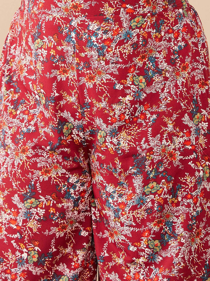 Berrylush Curve Maroon Plus Size Floral Printed V-Neck Top & Trousers