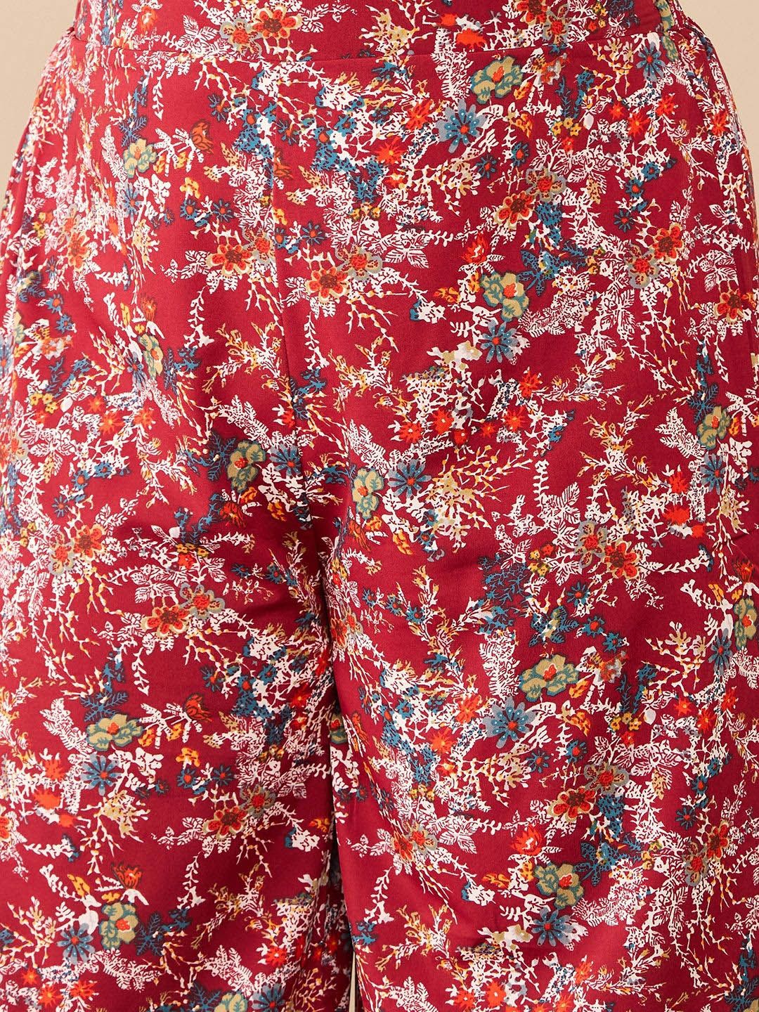 Berrylush Curve Maroon Plus Size Floral Printed V-Neck Top & Trousers