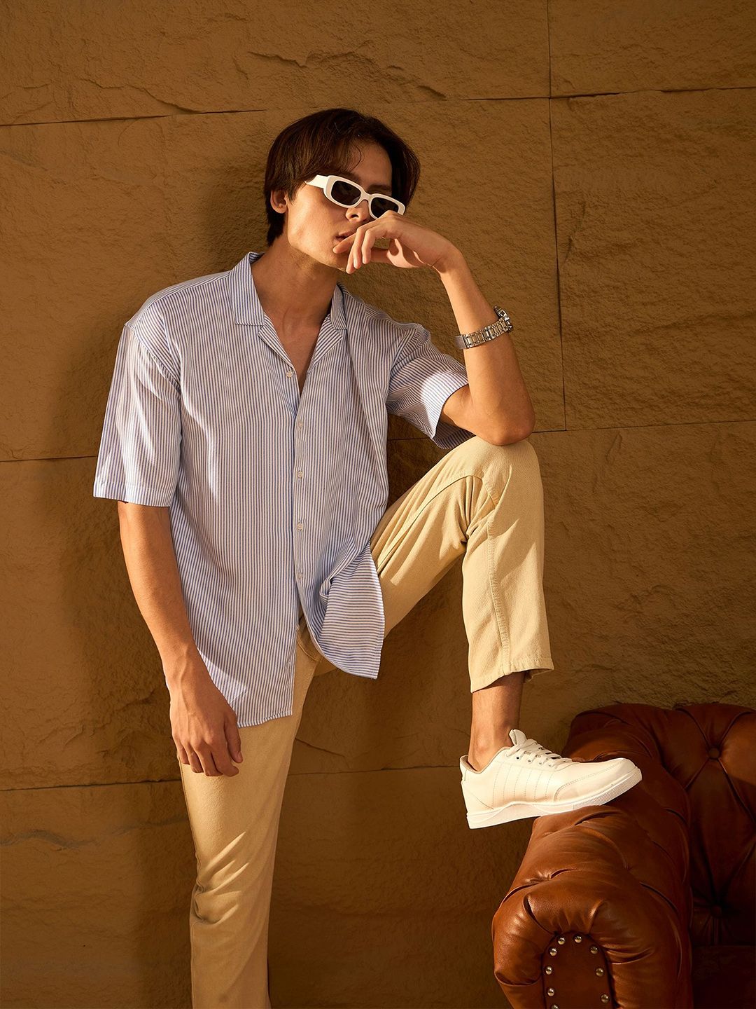 DENNISON Men Relaxed Cuban Collar Vertical Striped Oversized Casual Shirt