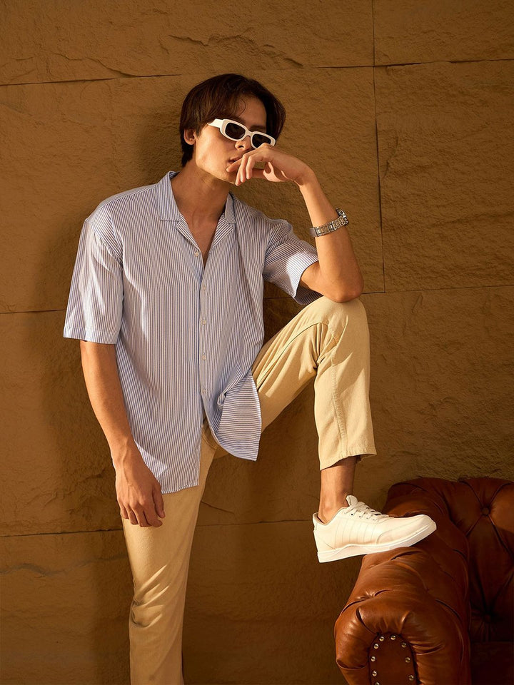 DENNISON Men Relaxed Cuban Collar Vertical Striped Oversized Casual Shirt