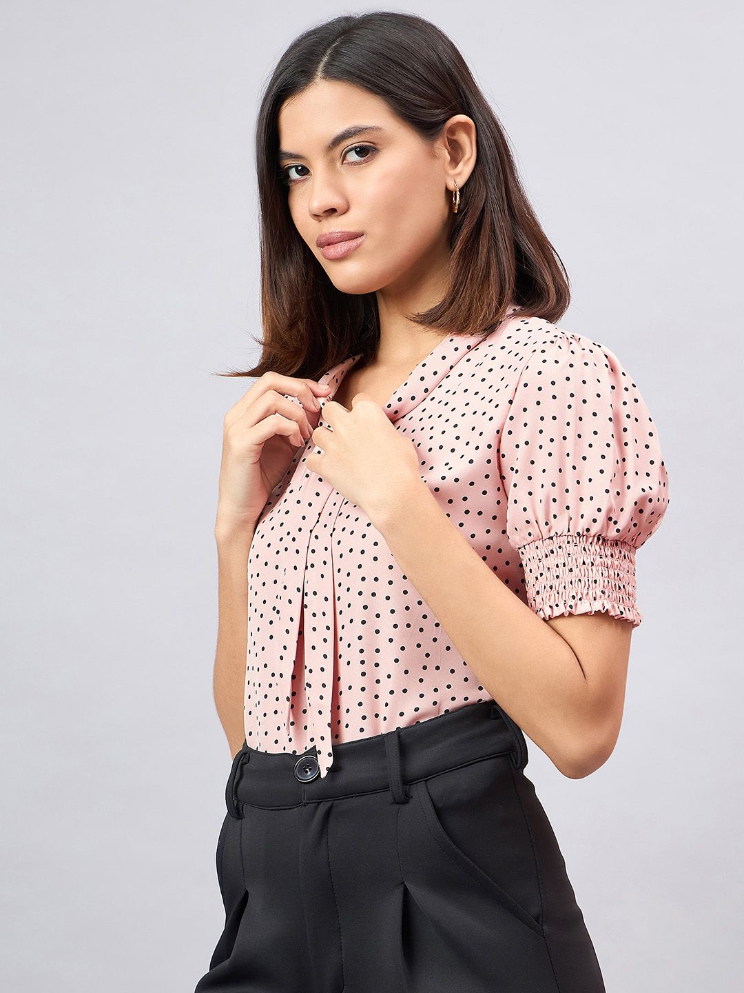 Style Quotient Women Polka Dots Printed Tie-Up Neck Top