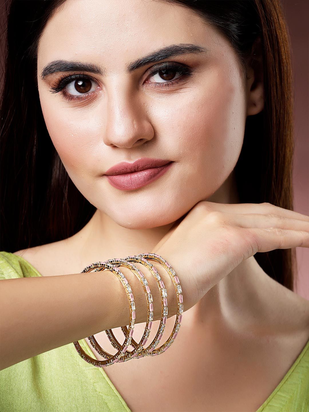 KARATCART Set Of 4 Gold-Plated American Diamond Studded Bangles