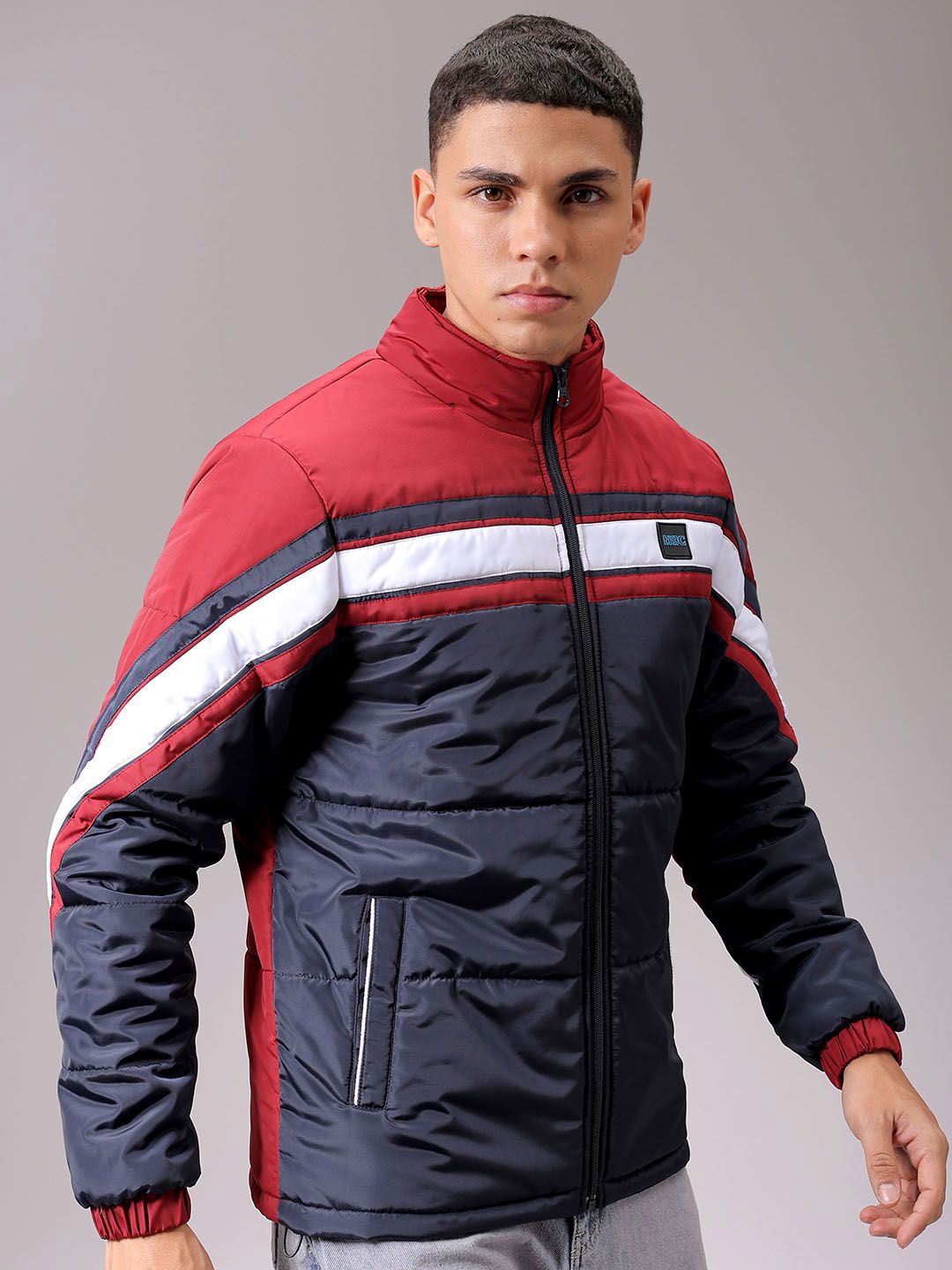 The Indian Garage Co Men High Neck Colourblocked Puffer Jacket