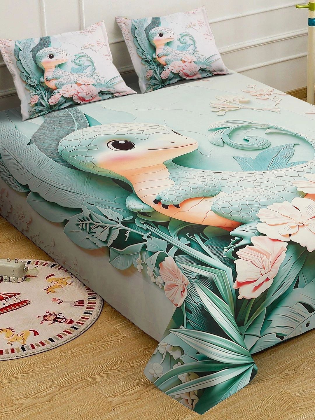 KLOTTHE Green & Peach-Coloured 300 TC King Bedsheet with 2 Pillow Covers