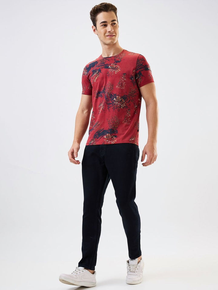 SPYKAR Men Abstract Printed Round Neck Cotton Slim Fit T-shirt