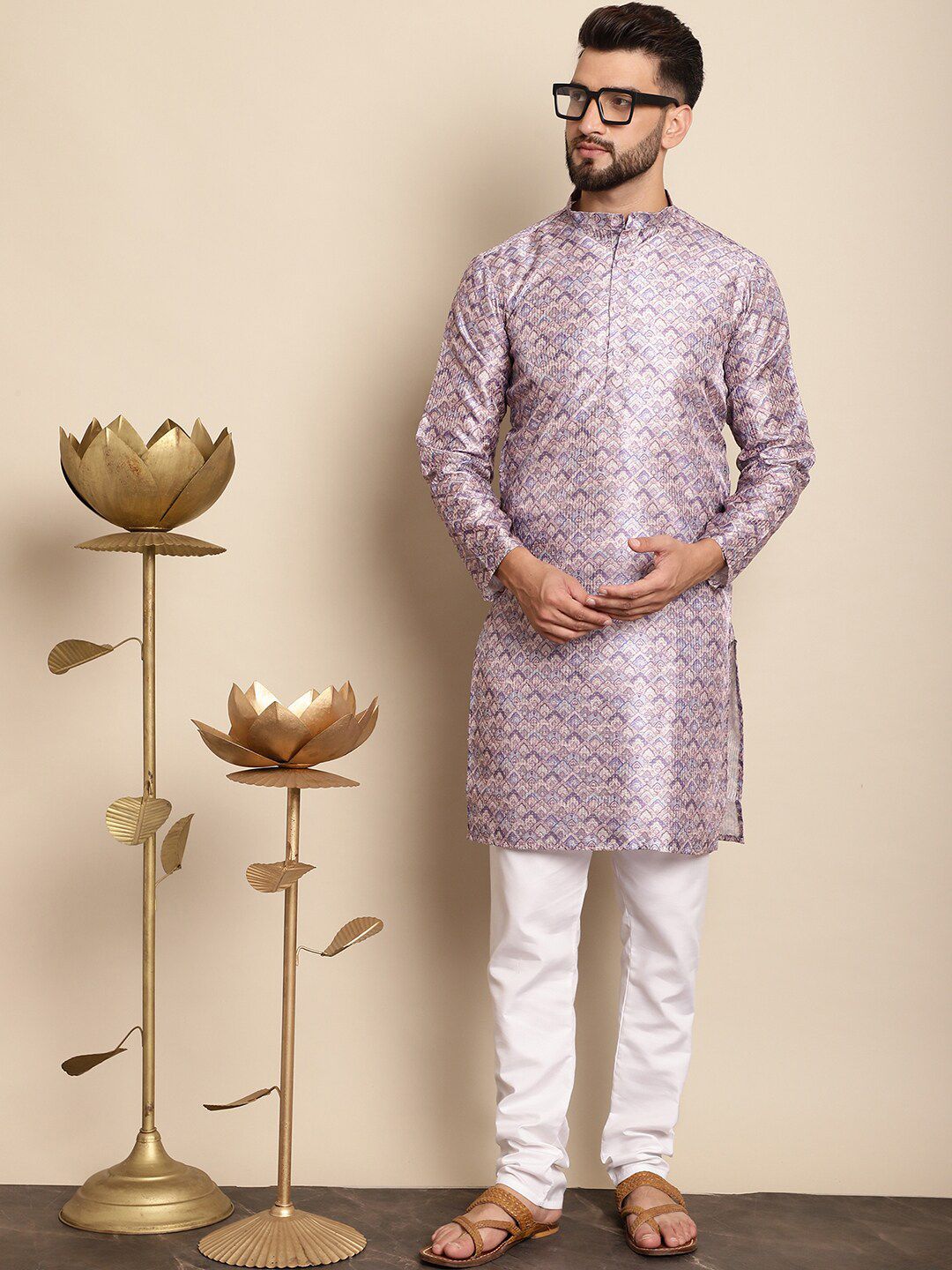 Anouk Ethnic Motifs Printed Band Collar Thread Work Detail Straight Kurta with Churidar