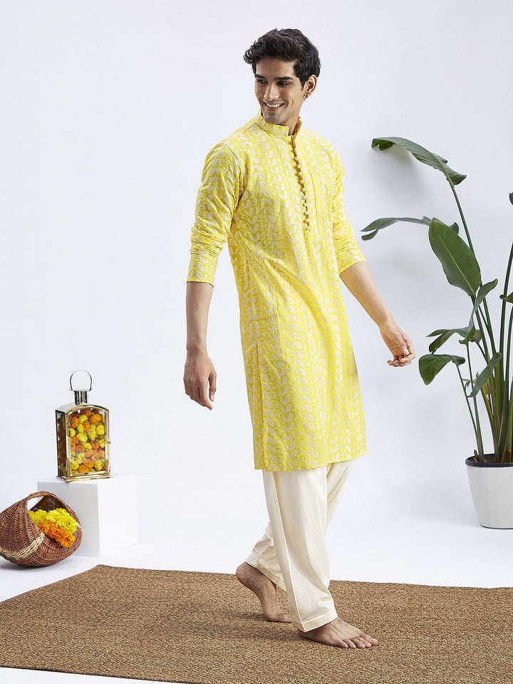 VASTRAMAY Men Yellow Ethnic Motifs Embroidered Chikankari Pure Cotton Kurta with Patiala