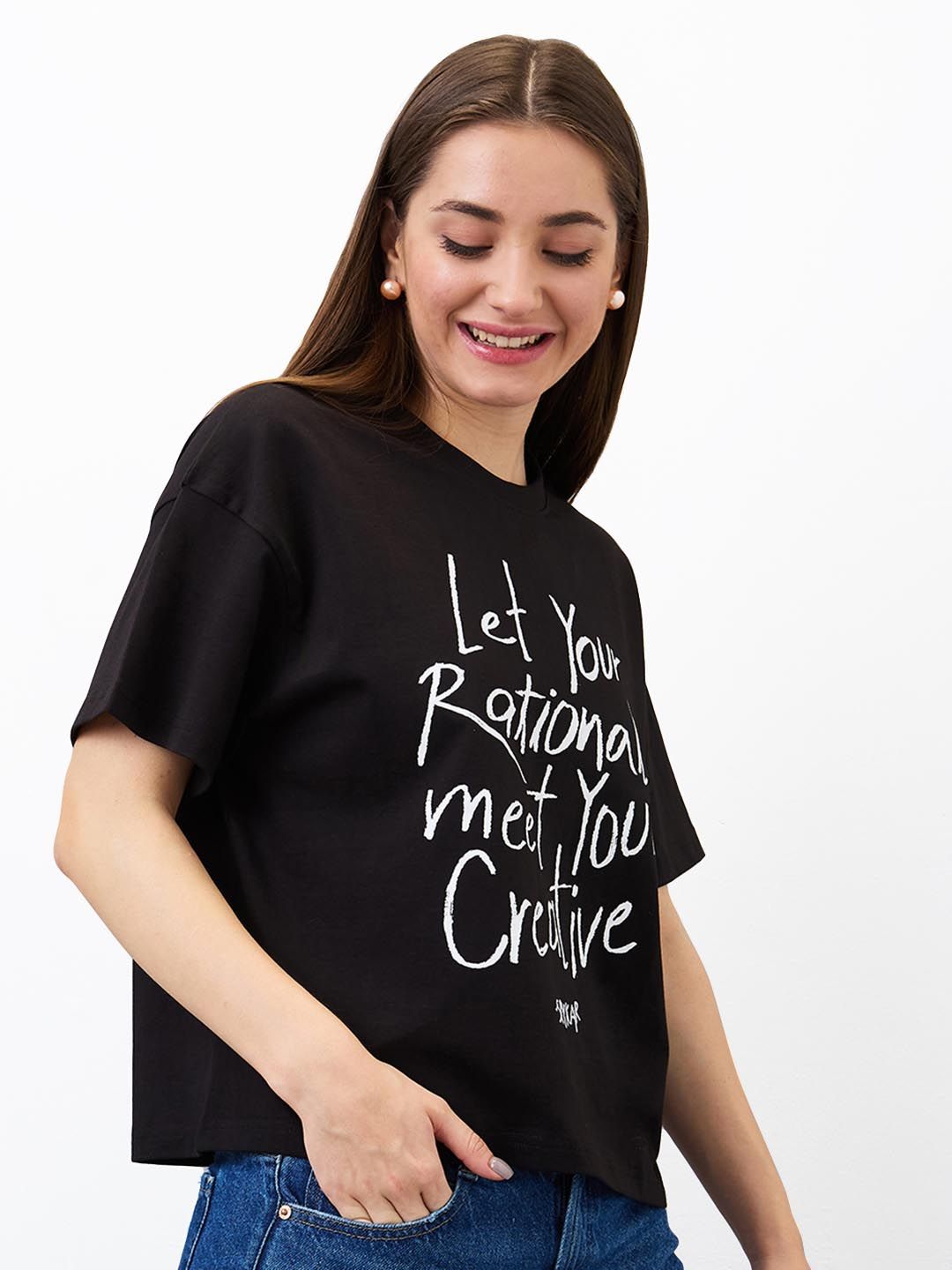 SPYKAR Women Typography Printed Round Neck Cotton Boxy T-shirt