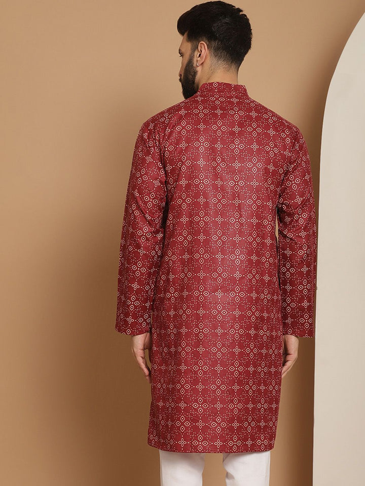 Anouk Men Maroon Geometric Printed Thread Work Pathani Kurta