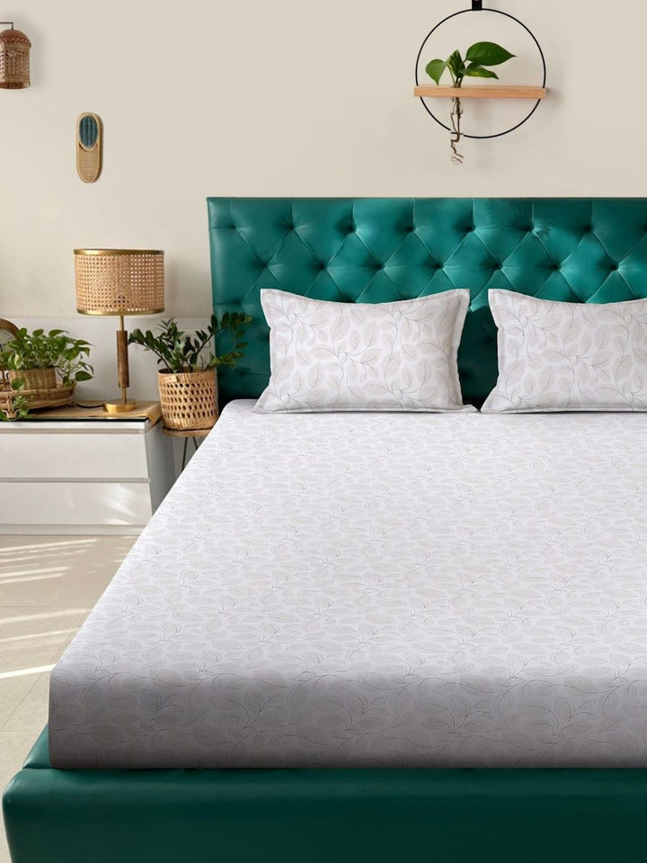 KLOTTHE White Floral Fitted 400 TC Pure Cotton Super King Bedsheet With 2 Pillow Cover